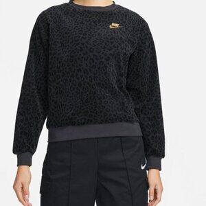 Nike Sportswear Leopard Print Crewneck Fleece - Gold Swoosh - Sz XS